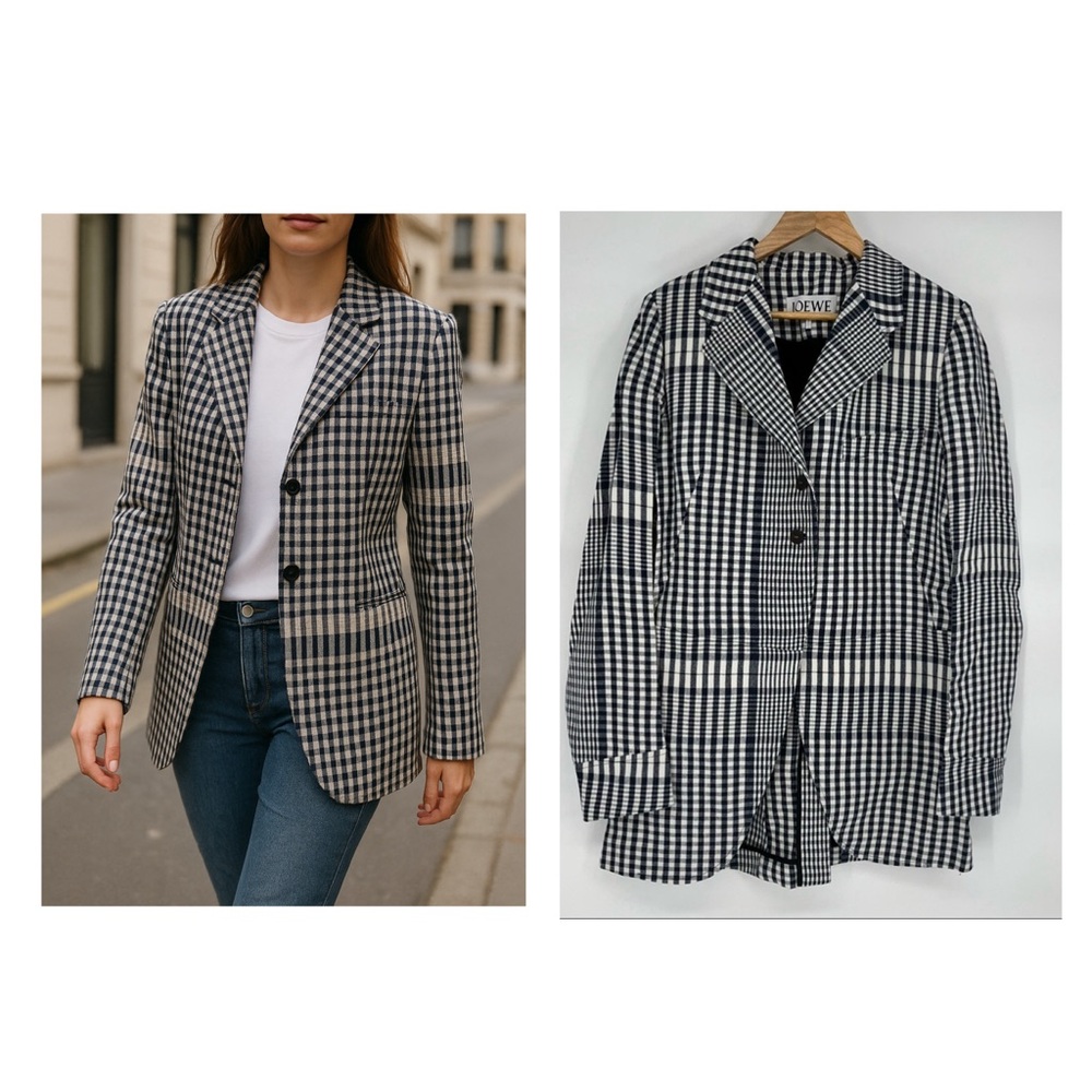Loewe Blue White Blazer Linen Gingham Plaid Single Breasted 8 Office Work NWT 🟡